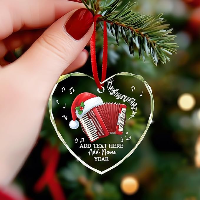 Personalized Text Name & Year Accordionist Glass Ornament, Accordion Instrument Christmas Tree Ornaments, Custom Accordion Player Christmas Ornament 2025, Xmas Decor Gifts for Music Lovers