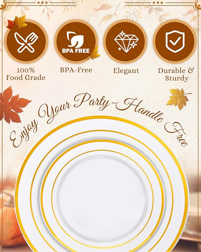 bUCLA 150PCS Gold Plastic Dinnerware Set Disposable - Heavy Duty Gold Plates Include 25 Dinner & 25 Dessert Plates,25 Forks,25 Knives,25 Spoons&25 Cups for Party&Thanksgiving Table Decor