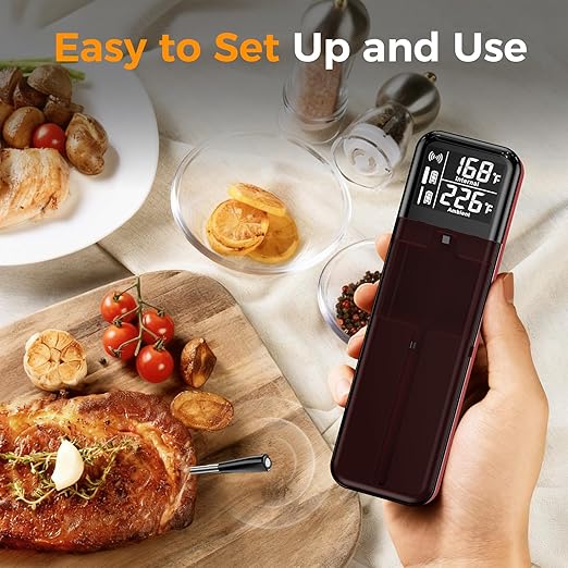 Smart Wireless Meat Thermometer,Digital Cooking Thermometer with Dual High-Accuracy Sensors, Ceramic Heat-Resistant Probe, Instant Read LCD & App Control for Kitchen,BBQ,Oven,Grill,Air Fryer,Red
