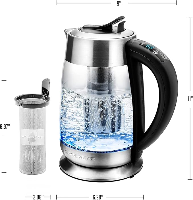 OVENTE Electric Tea Kettle with Temperature Control and Removable Tea Infuser, 1500W Water Boiler and Heater with 1.8L Borosilicate Glass, BPA Free, Auto Shut Off & Boil Dry Protection, Silver KG6610S
