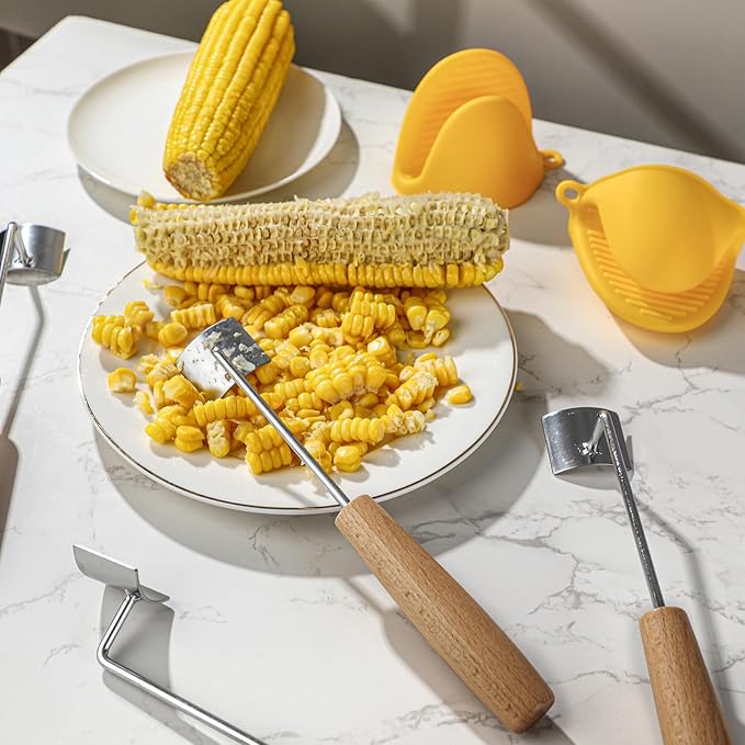 Corn Peeler for Corn on The Cob Corn Cutter Peeling Tool with Gloves (4 Stainless Steel Peelers, 2 Yellow Gloves)