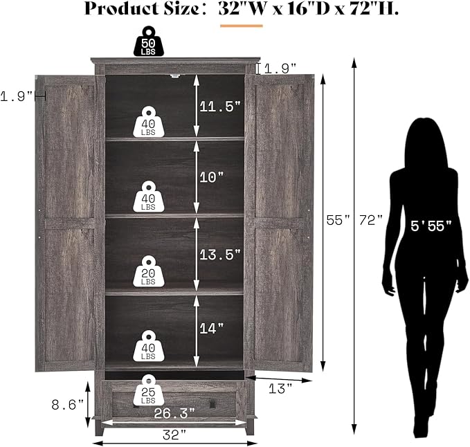 AMERLIFE 72" Tall Kitchen Pantry Storage Cabinet, Farmhouse Food Pantry Cabinet for Kitchen, Living Room, Dining Room, Adjustable Shelves and Drawer, Rustic Grey