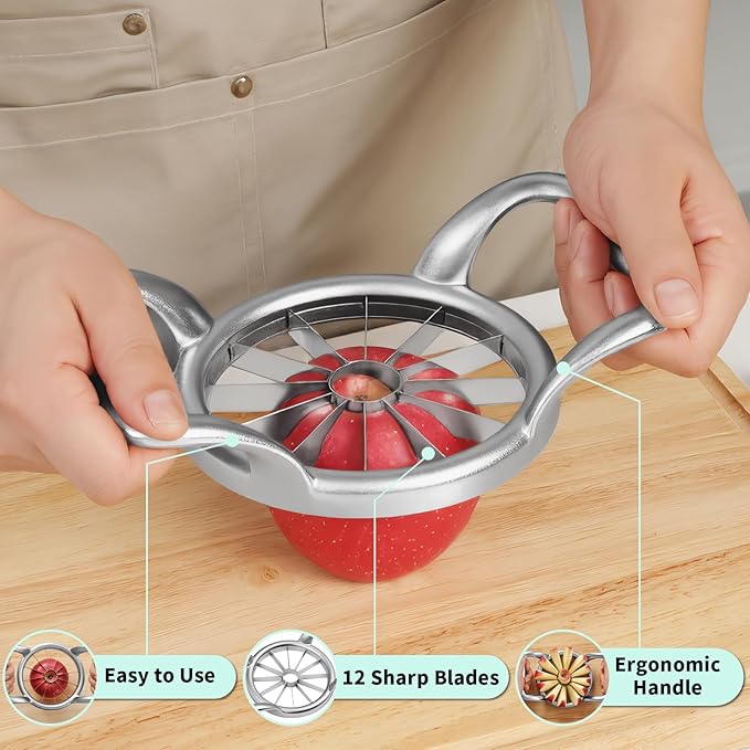 LIIGEMI 5.5 Inch Extra Large Apple Slicer,12-Slice Thin Apple Slicer and Corer,Cutter, Divider, Wedger for Fruits and Vegetables，Gifts for Mom，Sharp and Sturdy，Easy to Use（Silver）