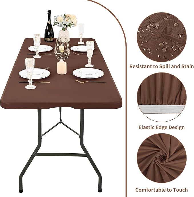 6 Pack Stretch Fabric Table Top Cap Cover, fits 6' Tables, Spandex Table Covers Washable Elastic Rectangle Tablecloth Protector for Indoor Outdoor Party Picnic Wedding, Coffee, 30" W x 72" L