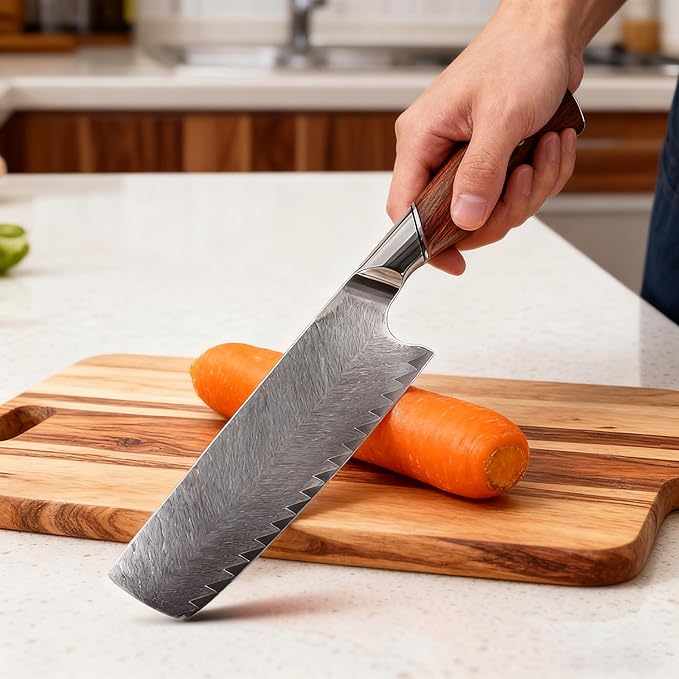 Damascus Nakiri Knife 7 Inch，Damascus Chef Knife，67-Layer VG10 Core Japanese Steel，Multipurpose Kitchen Knife，DamascusSantoku Knife，Professional Kitchen Knif，Ergonomic Handle (Vegetable Cutter)