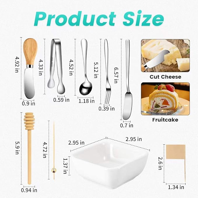 Charcuterie Board Accessories With 3 Oz Ceramic Dip Bowls, Wooden Handle Silver Cheese Spreader Butter Knive Set Kit, Mini Tongs, Spoons, Forks,Honey Dipper, Cocktail Picks