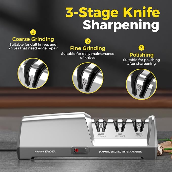 Electric Knife Sharpener, 3-Stage with 100% Diamond Abrasives and Precision Angle Guides, Kitchen Knife Sharpener with Sharpening and Polishing Function