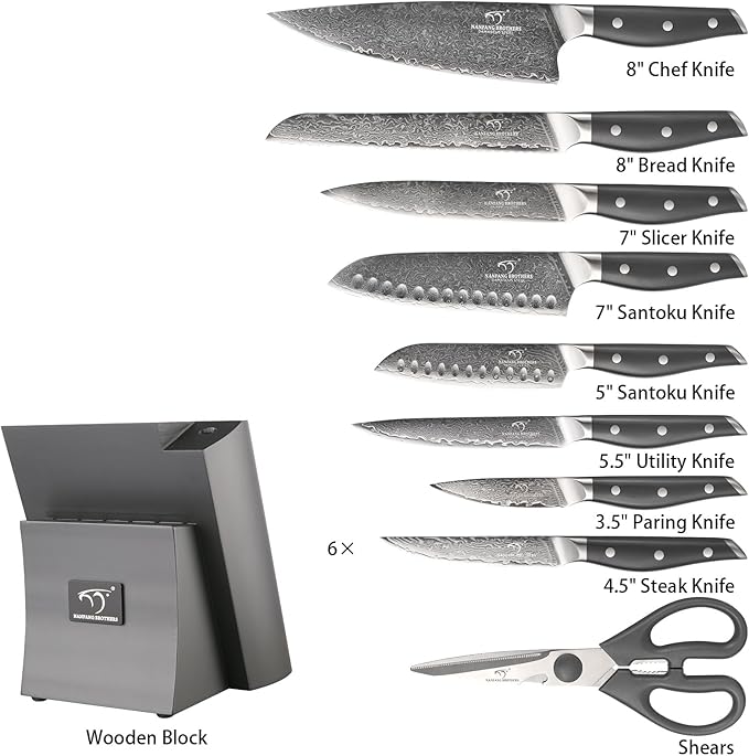NF NANFANG BROTHERS Damascus Kitchen Knife Set, 16-Piece with Block, ABS Ergonomic Handle, Carving Fork, Disconnect-type Knife Block (Gray)