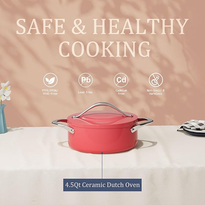 Dutch Oven Pot with Lid 4.5QT Stock Pot 9.5 Inch Nonstick Ceramic Coated Soup Pot Non-Toxic PFAS-Free, Quick & Even Heat Distribution for Braising, Baking Bread & Stewing, Compatible for All Cooktops(Induction/Gas/Electric) Oven Safe to 500°F, Fusion Red