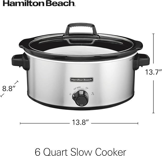 Hamilton Beach 6-Quart Slow Cooker with 3 Cooking Settings, Dishwasher-Safe Stoneware Crock & Glass Lid, Silver (33665G)