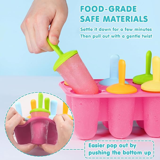 Miaowoof Silicone Popsicles Molds for Toddlers, 8-Cavity Non-BPA Premium Silicone Small Popsicle Molds, Ice Pop Mold with 8 Colorful Reusable Sticks for Kids (Pink)