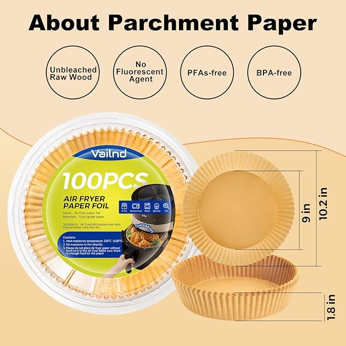 Vailnd Disposable Air Fryer Paper Liners, 9 Inch Max Xl Large Cooker Airfryer Parchment Paper Liners, 100Pcs Oil Proof Round Basket Bowl Liner Baking Paper for 8-12 QT Air Fryer Microwave