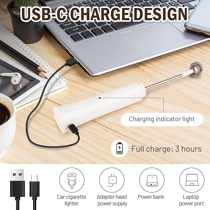Milk Frother Wand for Coffee, Silent Coffee Foamer Drink Mixer,Handheld Frother Rechargeable Electric Whisk with 2 Heads 3 Speeds for Latte, Cappuccino, Hot Chocolate, Egg(Home and Travel Set White)