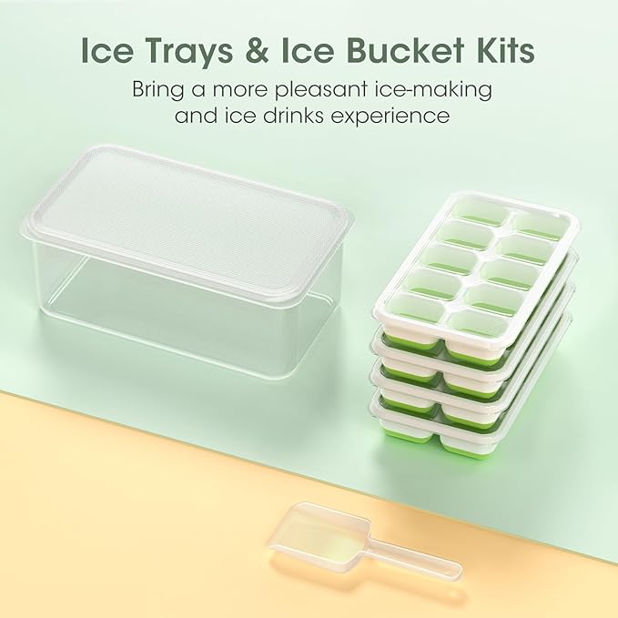 DOQAUS Ice Cube Tray with Lid and Bin, 4 Pack Silicone Plastic Ice Cubes Trays for Freezer with Box/Container, Stackable with Storage Iced Bucket Kits, Scoop, for RV, Soup, Food, Cocktail, Coffee