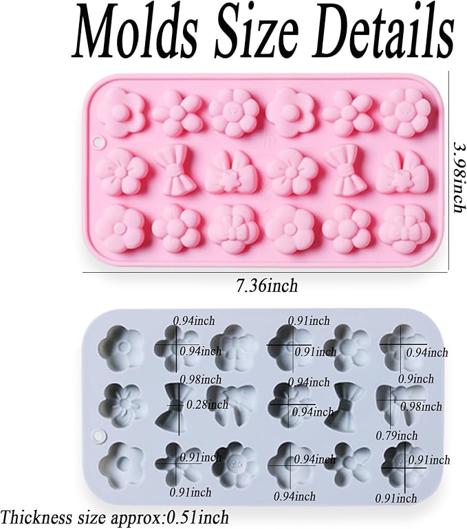 2 Pcs Flowers Silicone Chocolate Molds, 18-Cavity Different Flowers Bow Shape Molds Trays for Candy Chocolate Gummies Baking Jello Ice Cube Pudding Soap Cookie Desserts Making