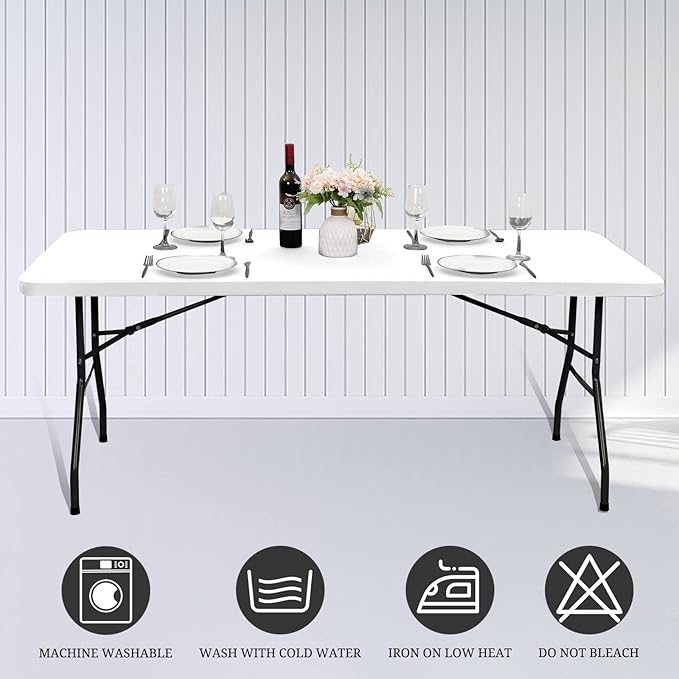 10 Pack Stretch Fabric Table Top Cap Cover, fits 8' Tables, Spandex Table Covers Washable Elastic Rectangle Tablecloth Protector for Indoor Outdoor Party Picnic Wedding, White, 30" W x 96" L