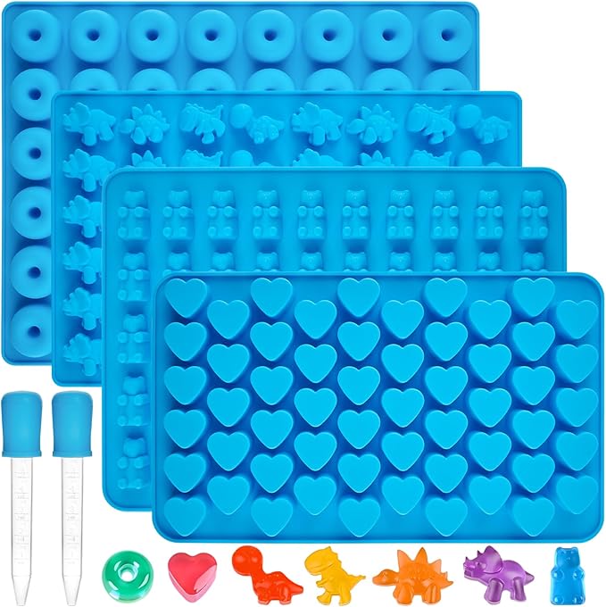 Gummy Candy Molds with 2 Droppers, Silicone Molds Include Bear, Dinosaur, Heart, Donut, 4 Pcs, 201 Cavities
