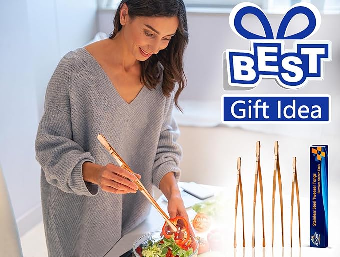 JETKONG 4 Pcs Kitchen Tweezers, 12'' and 10'' Stainless Steel Cooking Tweezers Set, High-Precision Tweezers Tongs for Cooking, Repairing, Seafood and BBQ (Rose Gold)
