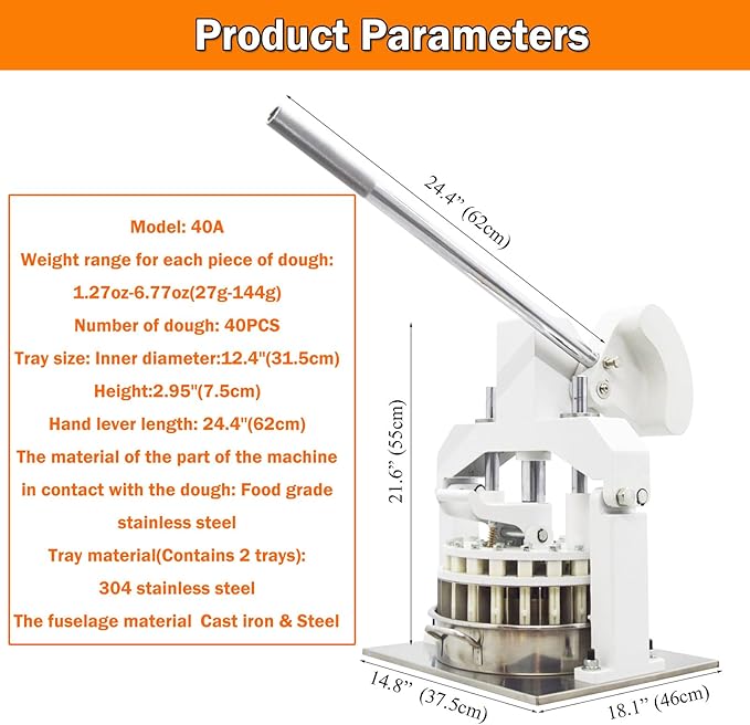 INTSUPERMAI Dough Divider Cutter Machine 40PCS Manual Dough Divider Rounder 2 Pans Hydraulic Dough Equal Cutter DIvider Cutting Machine 0.95oz-5.08oz(27g-144g)