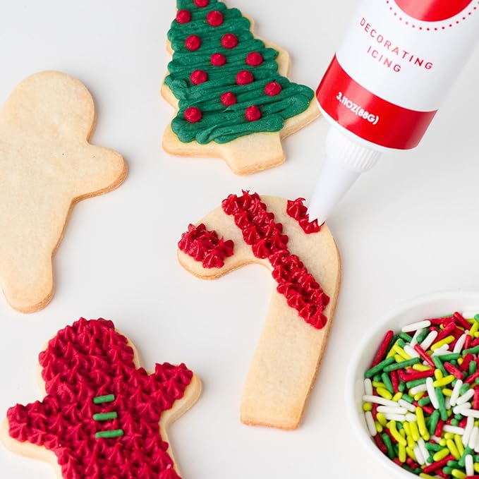 Sweets Indeed Dye-Free Holiday Frosting & Decorating Kit – 8.21 oz | Red & Green Frosting Tubes with 2 Piping Tips and 2 oz Dye-Free Sprinkle Mix | Christmas Cookie Decorating & Holiday Baking Set