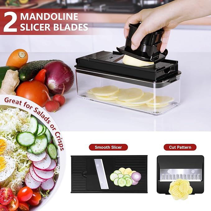 Vegetable Chopper, Onion Chopper Dicer, Mandoline Slicer, Food Chopper with Container, Vegetable Cutter for Salad Potato Carrot Garlic（9 Blades, Black）