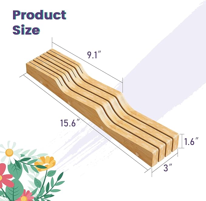 Bamboo In-Drawer Knife Block for 7 Knives(Not Included), Knife Drawer Organizer,Knife Holder Countertop,Block Knife Storage Organizer for Kitchen