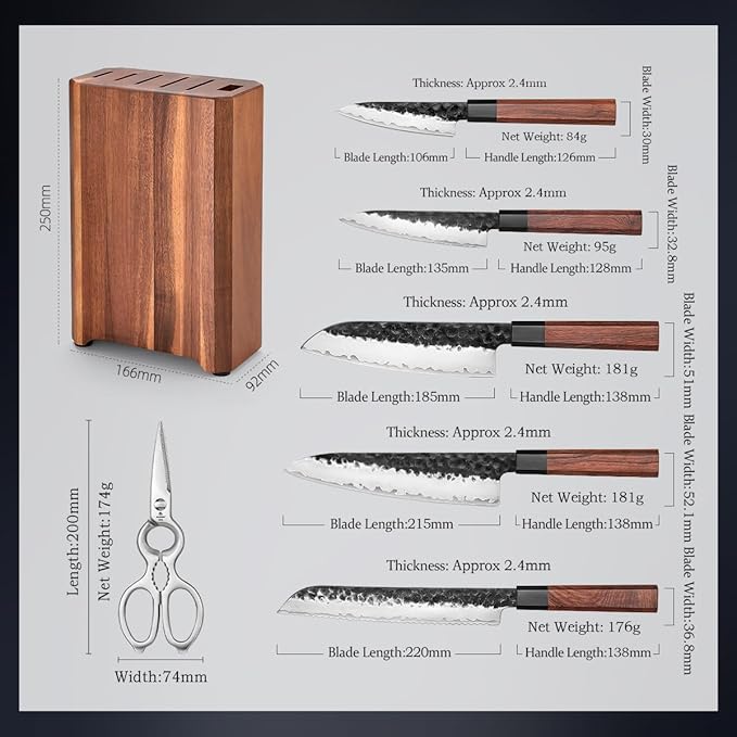 HEZHEN Knife Blocks Kitchen Knife Set, Chef Couteaux Set Kitchen Knives, Japanese Style Santoku Knife, Kitchen Scissors Acacia Wood Knife Block