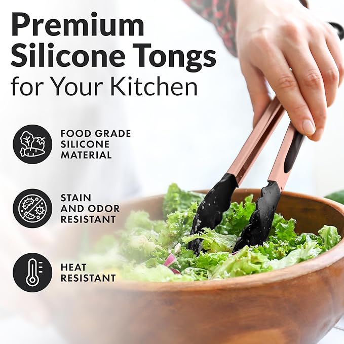 Zulay Stainless Steel Kitchen Tongs with Silicone Tips - Set of 2 (9” & 12”) Locking Cooking Tongs with Non-Slip Grip - Heat Resistant, BBQ Food Tongs for Non-Stick Cooking Pans (Rose Gold/Black)