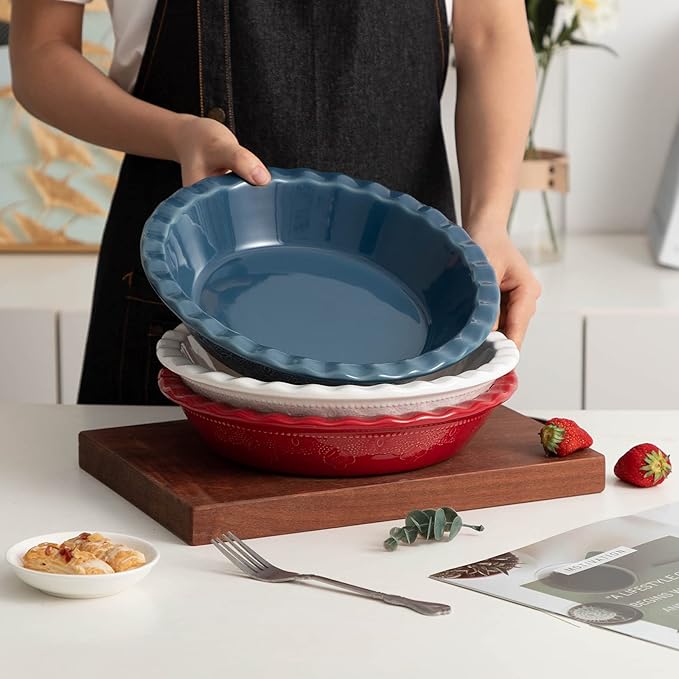 Fun Elements Pie Pan, 9 Inch Ceramic Pie Dish, Deep Dish Pie Pan with Lace Emboss, Ruffled Pie Plate for Baking, Thanksgiving Christmas Gifts(Grayish Blue)