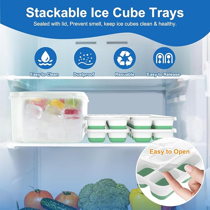 Ice Cube Tray, Ice Cube Trays for Freezer 4 Pack with Lids, Ice Tray Easy-Release, Ice Trays for Freezer Stackable, Silicone Ice Cube Tray for Drinks, Coffee - BPA-Free and Odor-Free