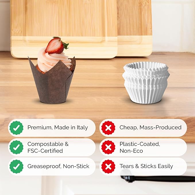 Tulip Cupcake & Muffin Liners – 50gsm Medium Floral Baking Cups – 267 Pcs Natural & Non Toxic Paper Wrappers for Wedding, Bakery, & Party Supplies, Brown, by BHI Packaging
