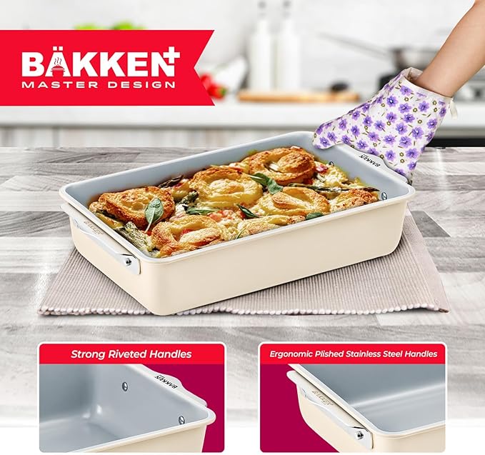 BAKKENMASTER Square Cake Pan - Aluminized Steel, Ceramic Non-Stick Coating, Non-Toxic, Ideal Size, Heavy-Duty, Elevate Your Baking with Durability and Style!