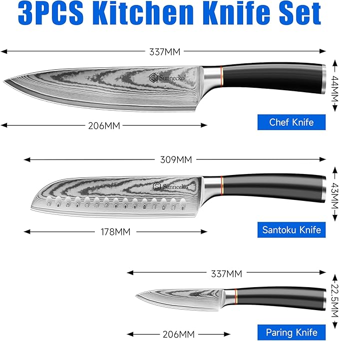 Sunnecko Damascus Knives Set,Japanese VG10 Core Steel Damascus 3PCS Chef Knife Set,Professional Razor Sharp Kitchen Knives Set with Knife Sharpner