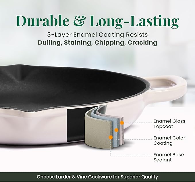 Larder & Vine Enameled Cast Iron Skillet | 10.25 inch Cast Iron Pan | Saute Pan with Pour Spouts | Enamel Coated Cast Iron Skillet | Compatible on All Cooktops & Oven Safe to 500° F | Stone