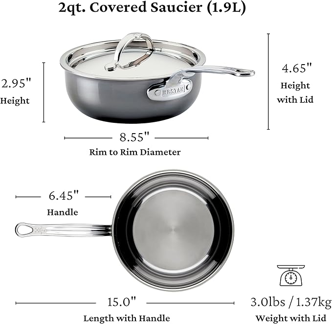 Hestan - NanoBond Collection - Titanium Stainless Steel Saucier Pan with Lid, Induction Cooktop Compatible, 2-Quart
