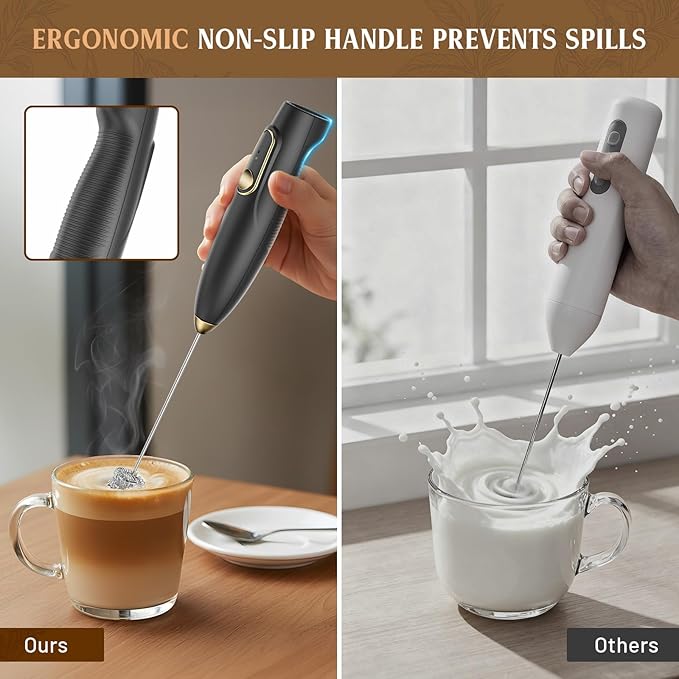 Rechargeable Milk Frother Wand with Stand, Electric Handheld Coffee Frother with 3 Detachable Whisks, Travel Milk Foamer for Protein Powder, Drinks, Espumador de Leche Electrico Black