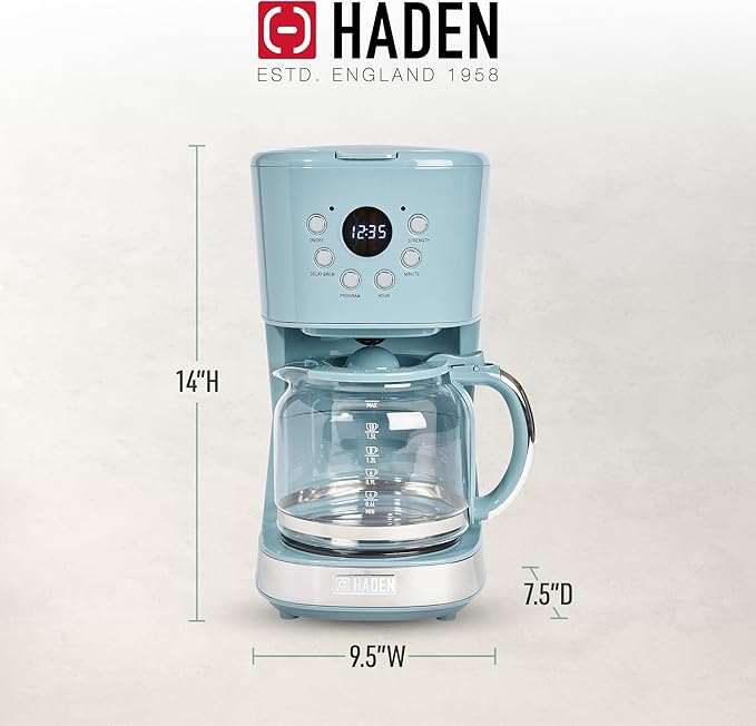 Haden Brighton Coffee Machine, 12 Cup Programmable Drip Coffee Maker with Auto Shut-Off Function and Reusable Washable Water Filter, Sky Blue & Chrome