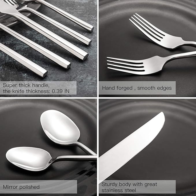 Silverware Set Flatware Set Stainless Steel Heavy Cutlery Set Hexagon Handle Mirror Finished 60 Pieces Service for 12