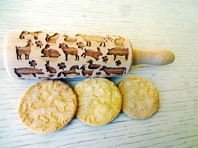 FARM kid embossing rolling pin Birthday gift for kid Laser engraved dough roller with chicken horse cow rabbit pig goat duck cat sheep
