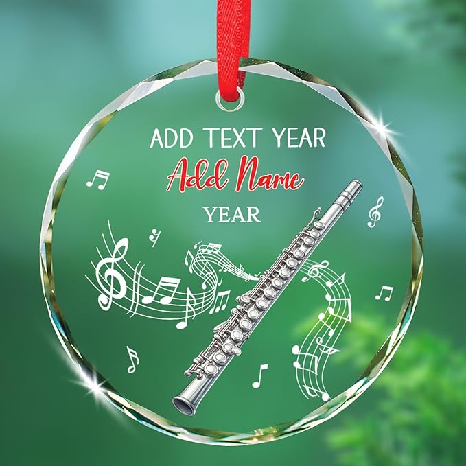 Custom Musical Instrument Christmas Ornament With Text & Name, Flute Instrument Glass Keepsake Gifts For Flutist, Personalized Flute Player Xmas Glass Ornament, Music Lovers Ornaments Christmas 2025