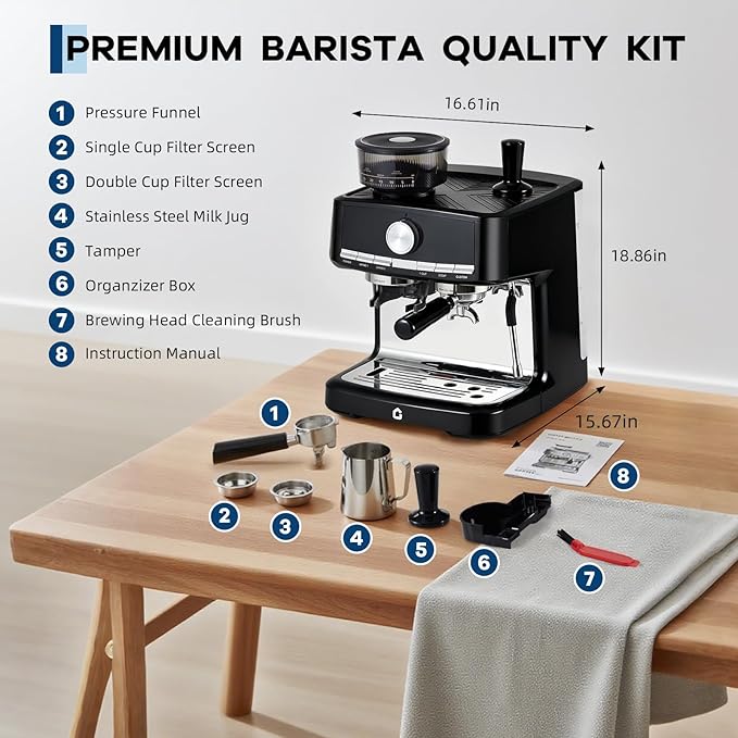 Garvee 20 Bar Pressure Espresso Machine with Grinder, 1.5L Removable Water Tank, Milk Frother Steam Wand for Latte/Cappuccino (BLACK,20Bar,With Grinder)