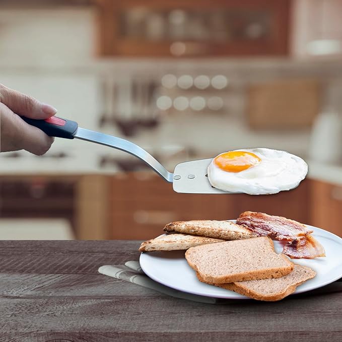 Stainless Steel Flexible Spatula Turner, VOVOLY Thin Metal Slotted Spatula for Cast Iron Skillet, Thin Blade and Heat Resistant Silicone Handle, Great for Egg, Cookie, Meat, Crep, Medium
