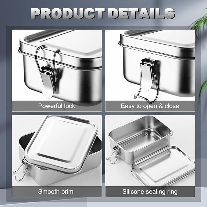 Umigy 4 Pcs Stainless Steel Food Containers 1000 ml Metal Bento Lunch Box Stainless Steel Food Storage Containers, Lockable Clips to Leak Proof, Reusable Dishwasher Snack Boxes for Work