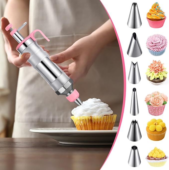 Dessert Decorating Syringe Set, Icing Piping Kit Stainless Steels Cake Decorating Tools with 6 Piping Tips & 9 Silicone Cupcakes & 3 Cream Scrapers, Cake Decorating Kit Frosting Piping Kit