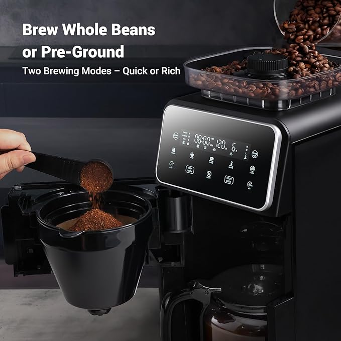 Gevi 10 Cup Drip Coffee Maker with Built-in Grinder, Grind ＆ Brew Burr Combo Coffee Machine with Touch Screen, Programmable, 4-Hour Warm Plate, Permanent Filter, Coffee Carafe