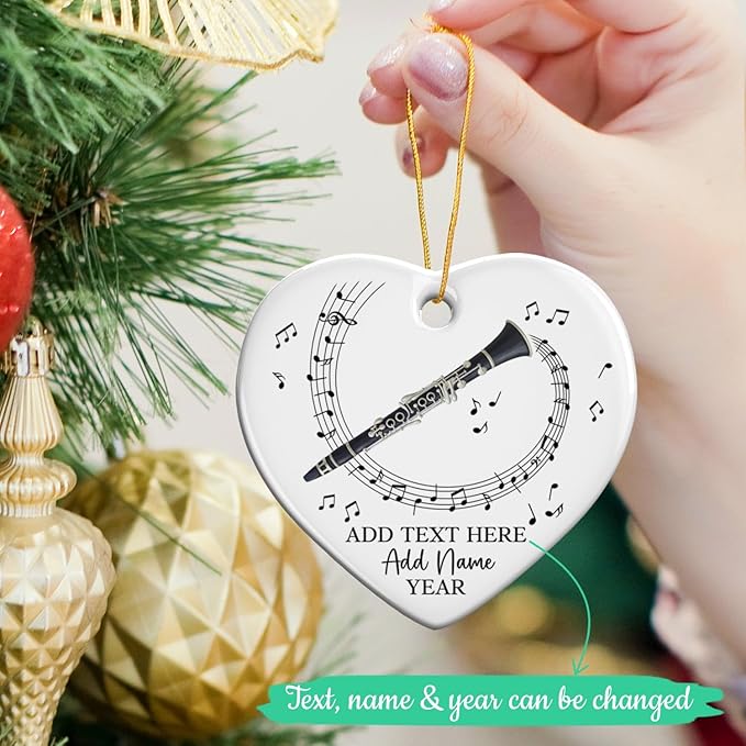 Personalized Text Name Year Clarinet Instrument Ceramic Ornament, Clarinet Player Christmas Ornaments 2025, Custom Clarinetist Xmas Tree Hanging Ornament, Xmas Decor Gift for Music Teacher