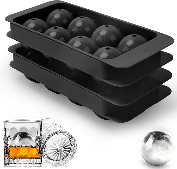 Whiskey Ice Cubes Mold,2 x 8 PCS x 1.8 inch Whiskey Ice Cubes,Circle Ice Cube Tray with Lid and Bin,Sphere Ice Ball Maker Mold,Round Ice Cube Mold for Cocktails(Whiskey Ice Cubes Mold,Black)