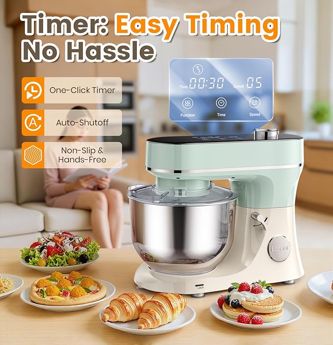 Stand Mixer 6QT Kitchen Mixer with LED Smart Touchscreen, 11-Speed Tilt-Head Mixer with Timer, 4 Preset Menus, Stainless Steel Bowl, Dough Hook, Whisk, Beater,Green