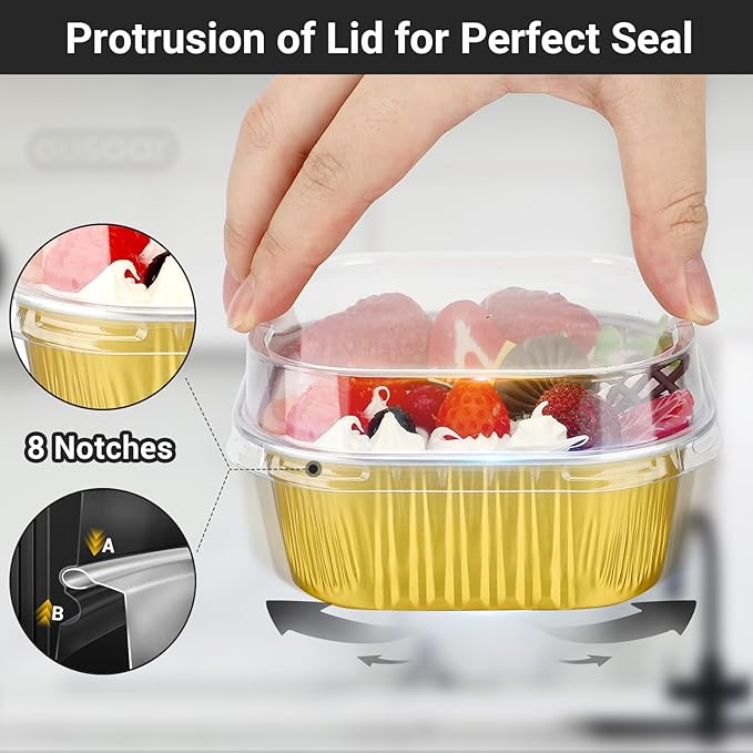 EUSOAR Baking Cups Aluminum Foil, 10oz 50pcs Reusable Disposable Ramekins Cupcake Cups with Lids, 300ml Square Muffin Liners, Desserts Flans, Creme Brulee Cups, Pudding Cups, Catering Party Favor-Gold