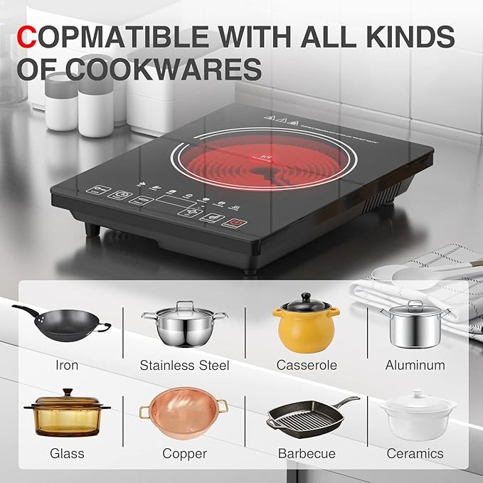 Electric Cooktop, Portable Electric Cooktop 1800W Single Burner Stove with LED Touch Screen, 8 Power & 8 Temperature Levels, Timer, 110V-120V Hot Plate for Home Camping